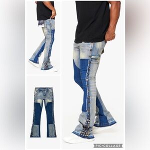 (B1) NWT VALABASAS  BLUE BIANCA “GLAZ" STACKED FLARE STREET HYPE DENIM JEANS 42